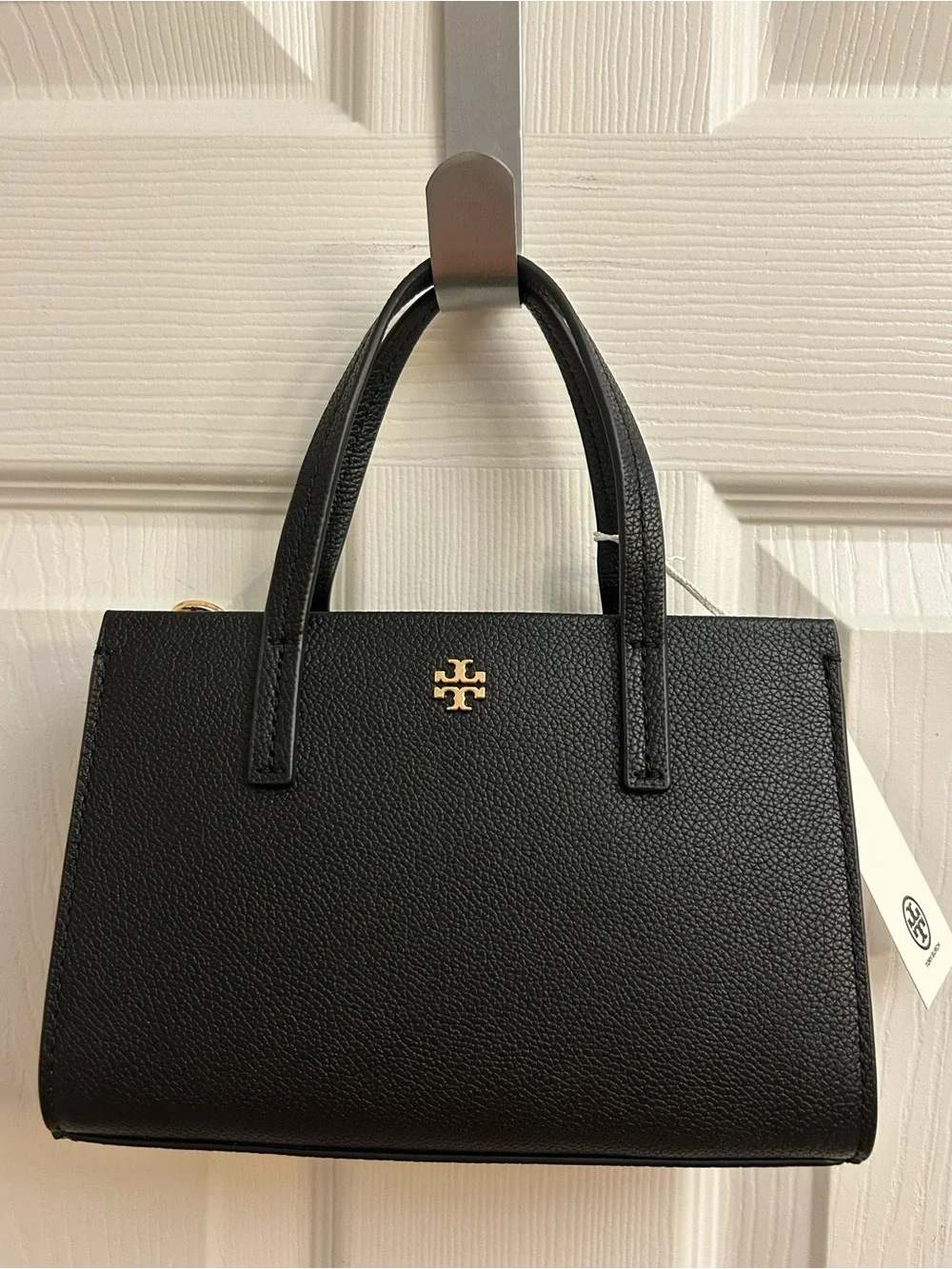 Tory Burch Black Pebbled Leather Small Satchel with Gold Logo